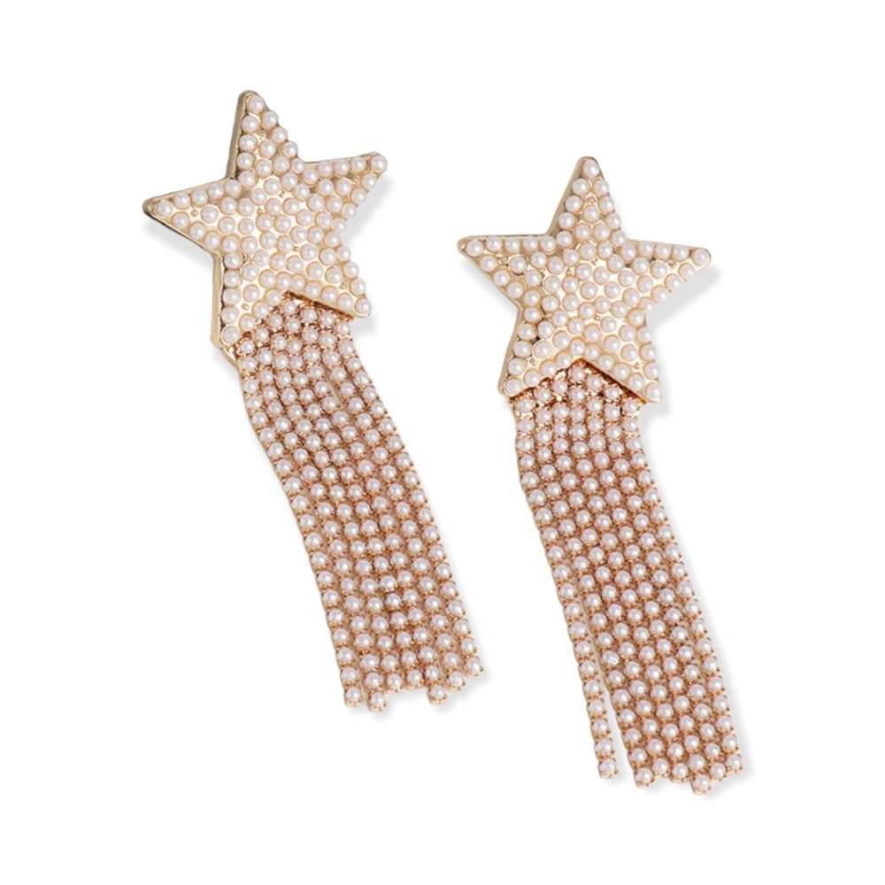 Shining Star Pearl Tassel Long Gold Earrings
